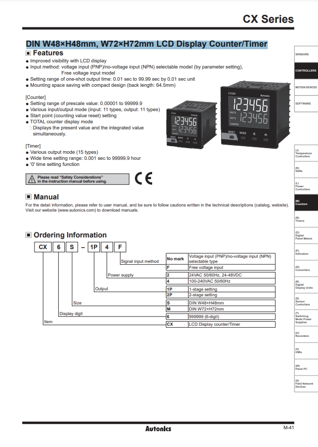 AUTONICS CX CATALOG CX SERIES: DIN W48XH59MM, W72XH72MM LCD DISPLAY COUNTER TIMER